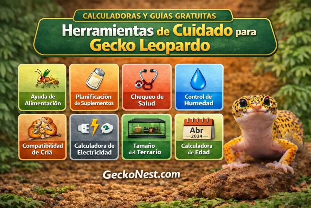 Herramientas de cuidado para gecko leopardo: calculadora de alimentación, planificación de suplementos, control de humedad, chequeo de salud, compatibilidad de cría, calculadora de electricidad, tamaño de terrario y calculadora de edad.