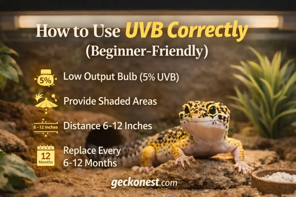 how to use UVB correctly leopard gecko terrarium setup low output uvb bulb distance shaded areas guide