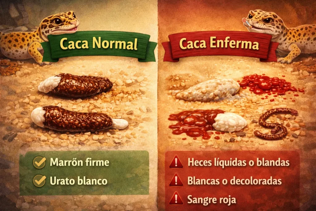 caca del gecko leopardo normal vs enferma comparación con urato blanco y heces líquidas