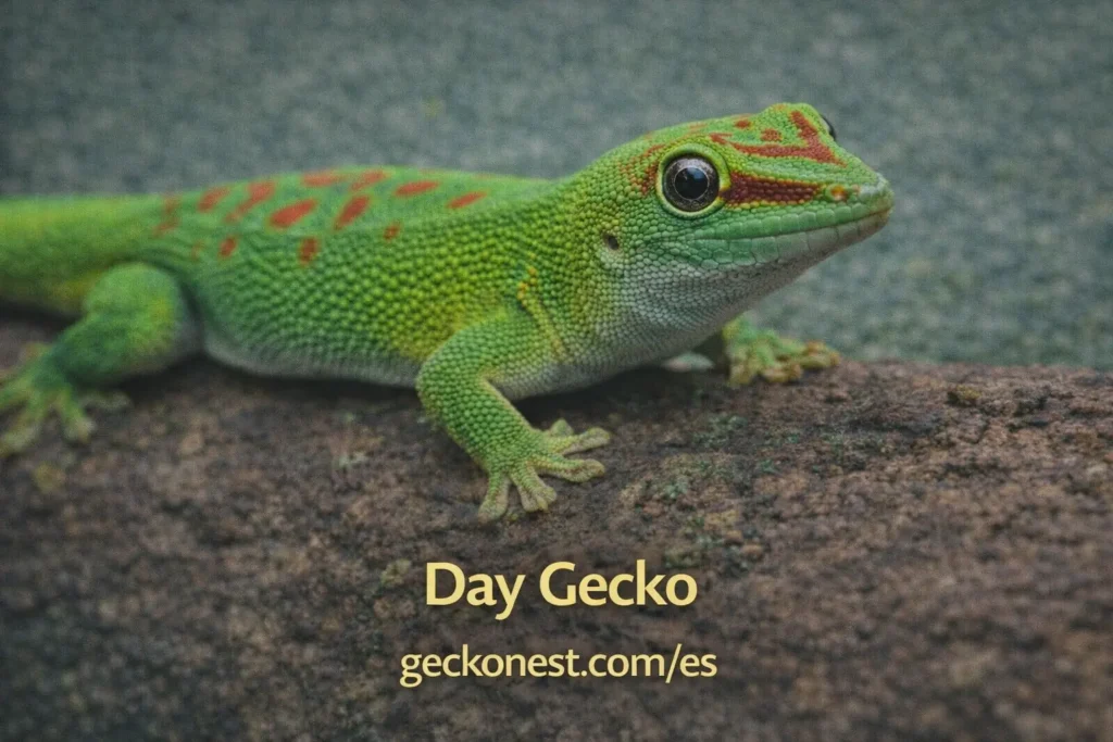 gecko diurno verde con manchas rojas sobre una rama especie tropical de gecko