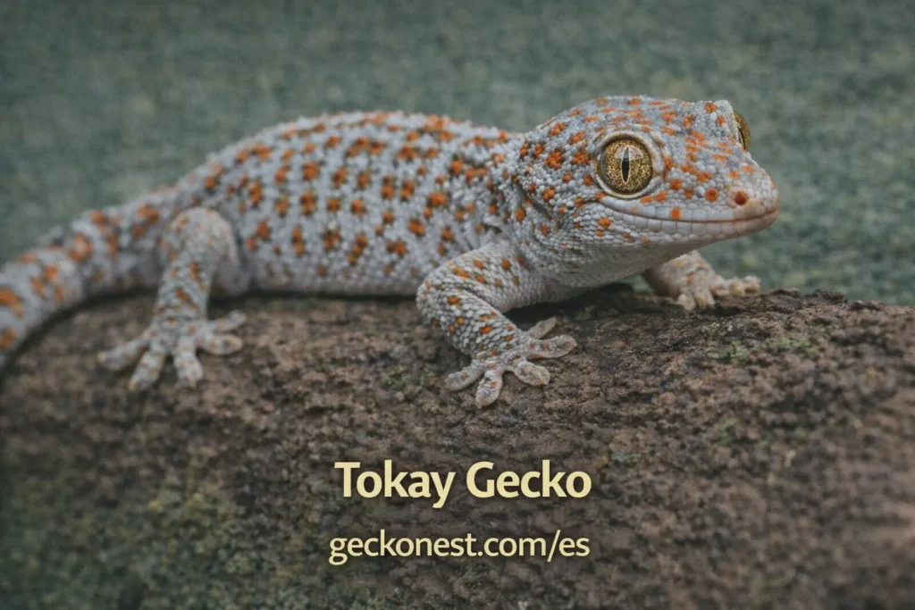 gecko tokay sobre una rama especie de gecko con manchas naranjas y cuerpo azul gris