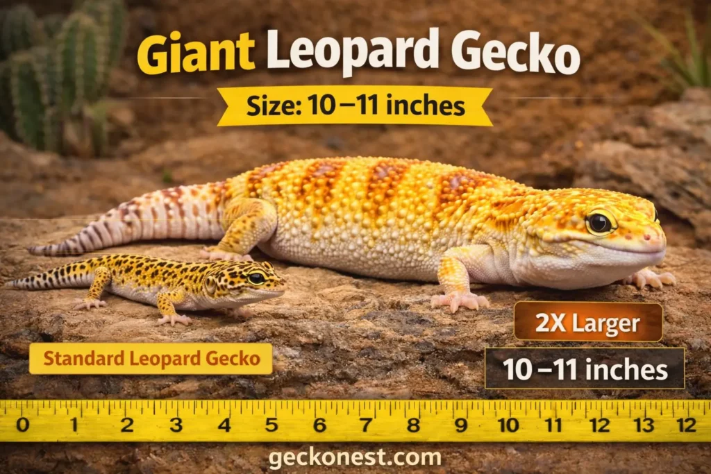 giant leopard gecko size comparison showing giant vs standard leopard gecko