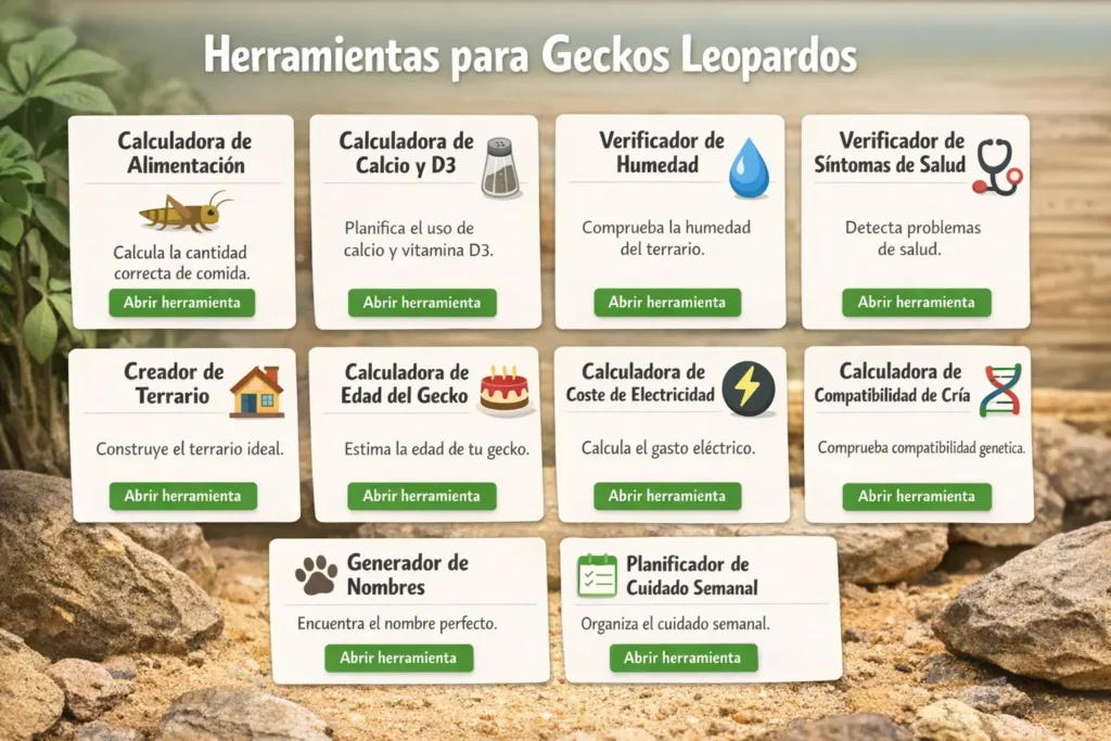 Las mejores herramientas para gecko leopardo incluyendo calculadora de alimentación, calcio y D3, verificador de humedad, salud, terrario, coste eléctrico y planificador semanal GeckoNest