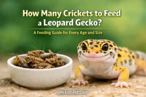 how many crickets to feed a leopard gecko feeding guide hero image with leopard gecko and bowl of crickets