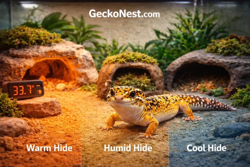 leopard gecko terrarium showing warm hide humid hide and cool hide setup
