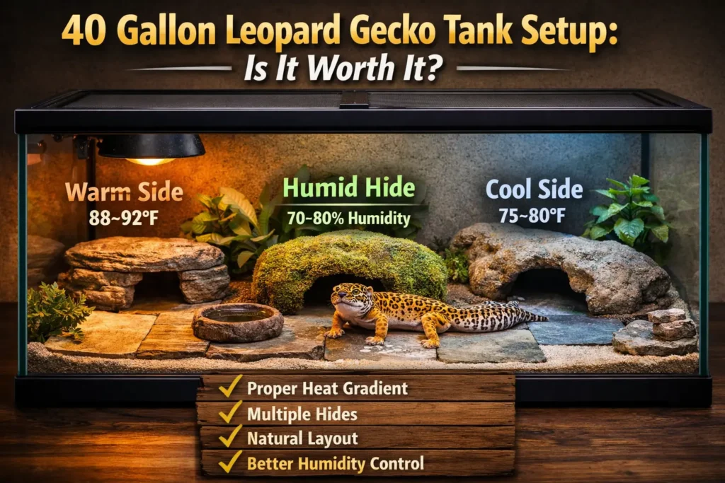 40 gallon leopard gecko terrarium setup with warm side cool side hides and desert style layout