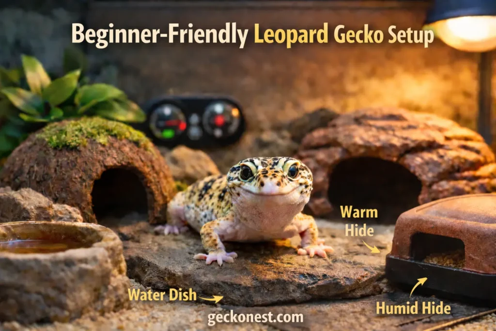 leopard gecko beginner terrarium setup with warm hide humid hide and water dish