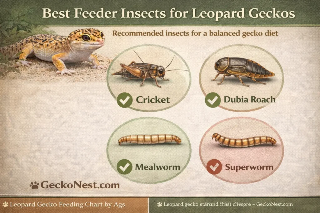 best feeder insects for leopard geckos including crickets dubia roaches mealworms and superworms
