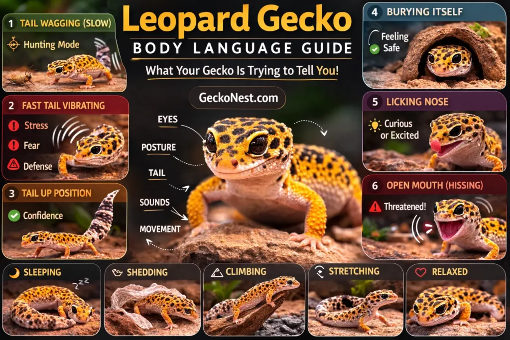 leopard gecko body language guide showing tail wagging hunting stress and relaxed behaviors