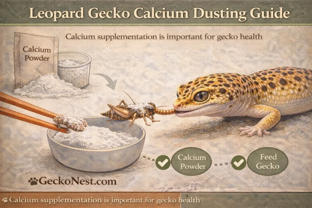 dusting feeder insects with calcium powder before feeding leopard gecko
