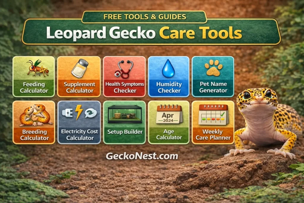 Best leopard gecko tools and calculators for feeding, calcium, humidity, health check, terrarium setup, electricity cost and weekly care planner on GeckoNest