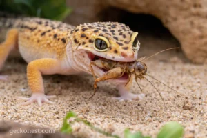 leopard gecko eating a cricket in terrarium – leopard gecko feeding guide