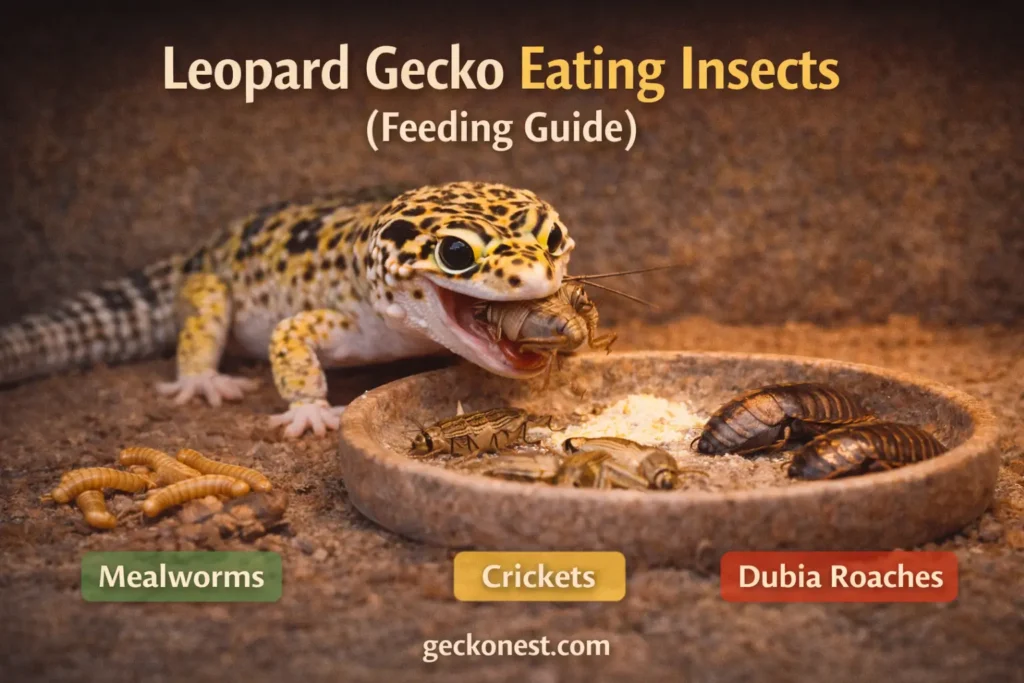 leopard gecko eating a cricket with mealworms and dubia roaches in a feeding dish
