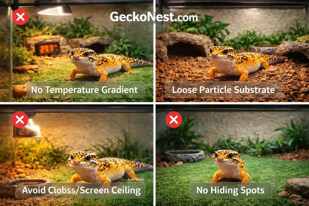 common leopard gecko enclosure mistakes including loose substrate poor heating and missing hides