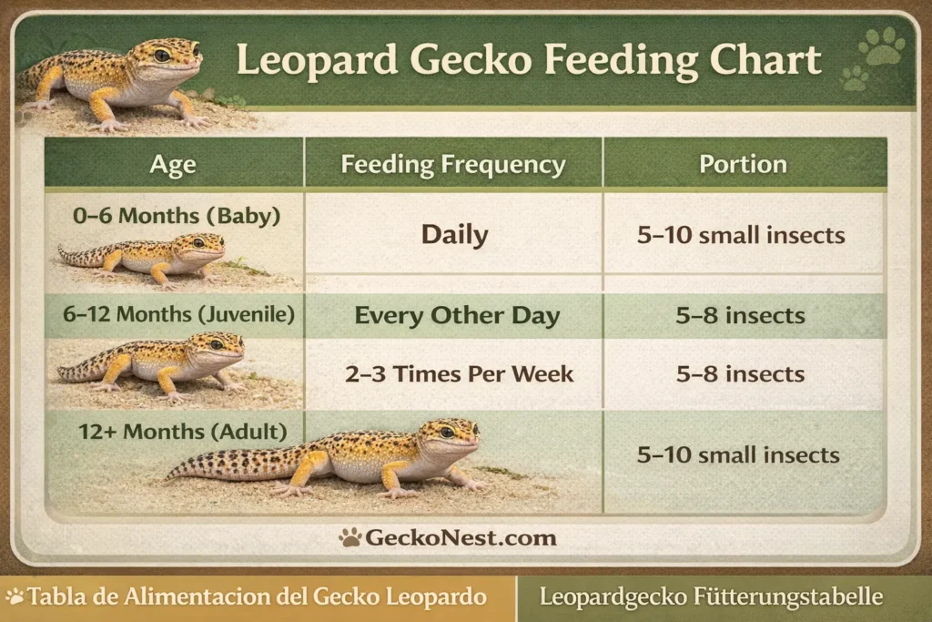 leopard gecko feeding chart showing feeding schedule and portion sizes for baby juvenile and adult leopard geckos
