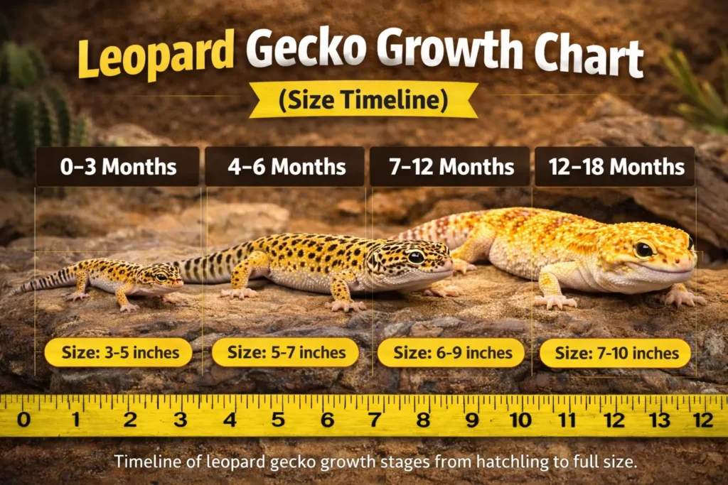 leopard gecko growth chart showing size timeline from baby to adult