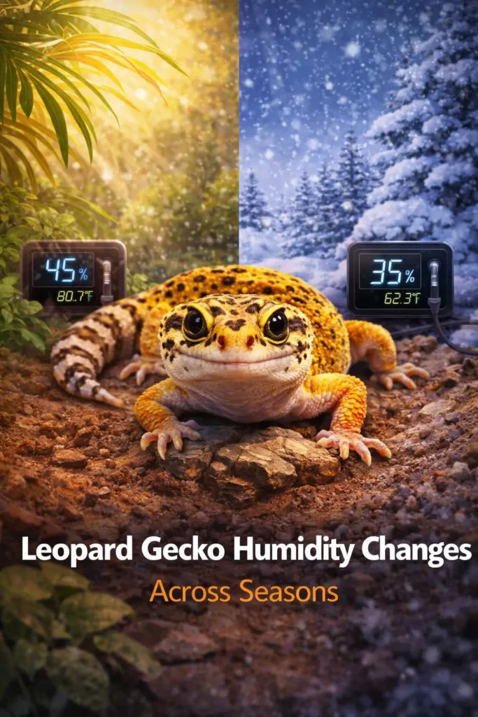 leopard gecko humidity changes across seasons with hygrometer showing winter and summer levels