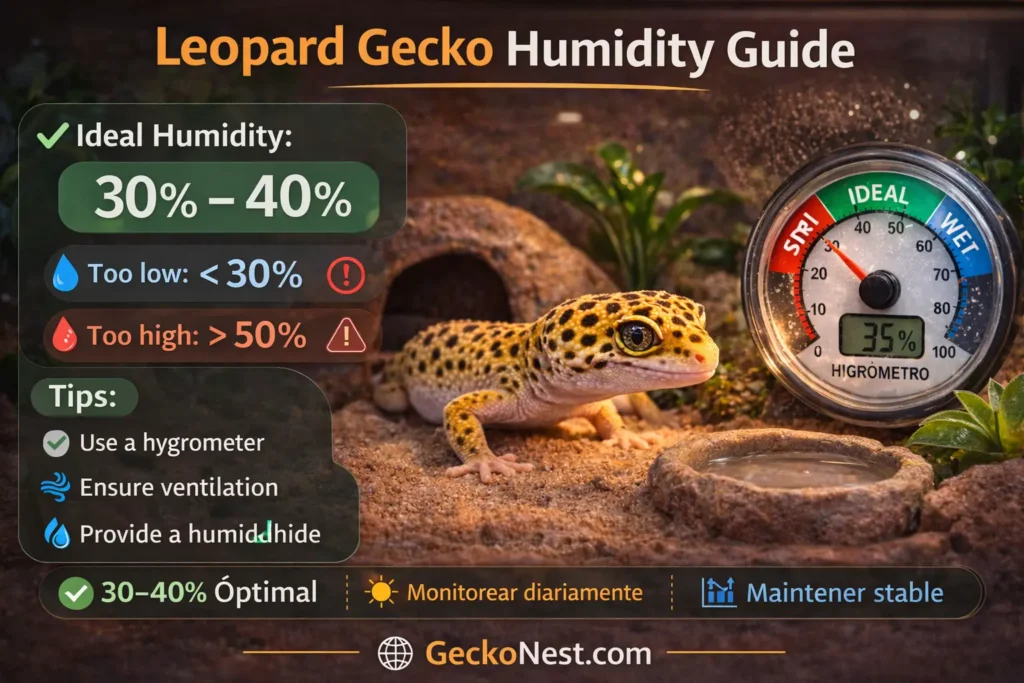 leopard gecko terrarium humidity levels with hygrometer showing ideal range