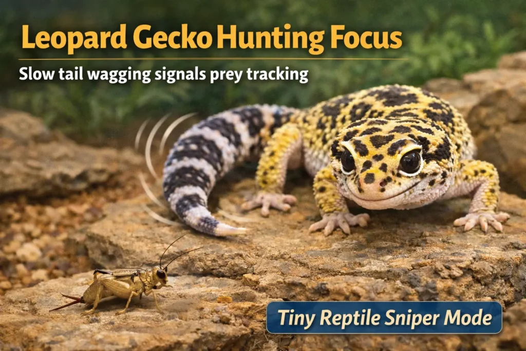 leopard gecko tail wagging while hunting a cricket prey tracking behavior