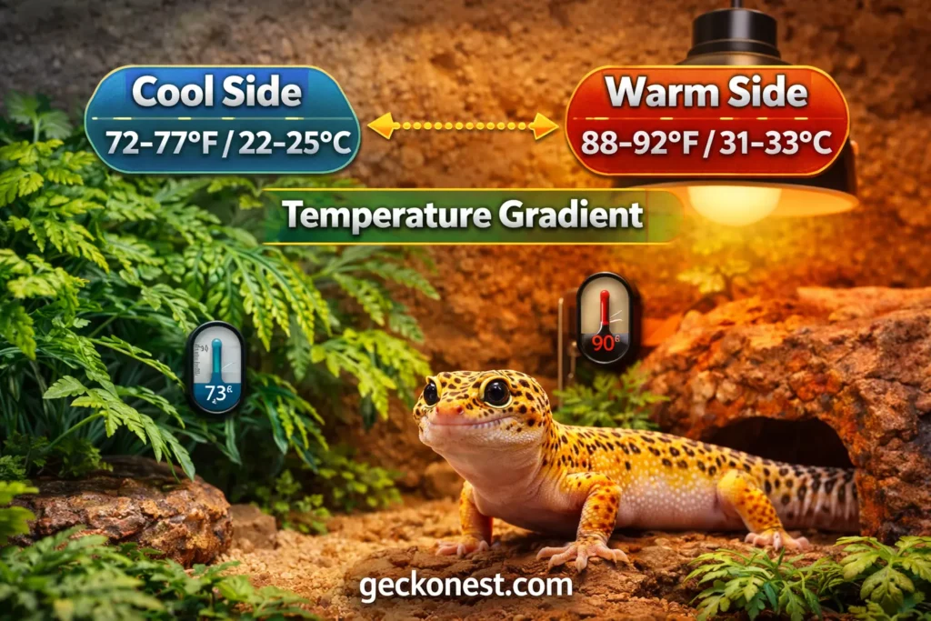 leopard gecko temperature gradient warm side 88-92F and cool side 72-77F terrarium setup