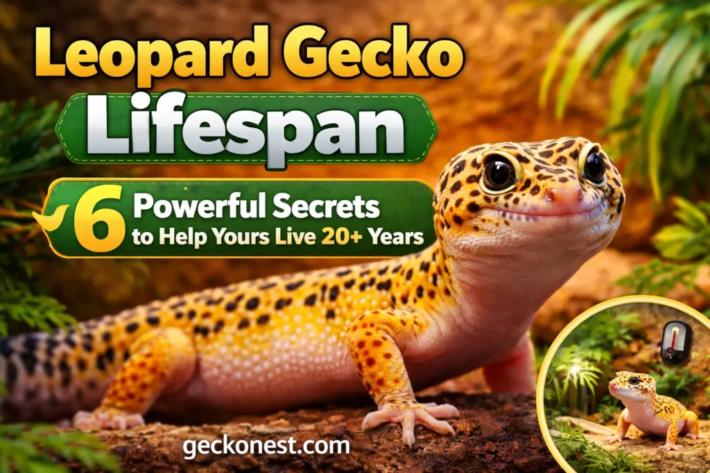 leopard gecko lifespan care guide showing a healthy leopard gecko that can live over 20 years