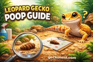 leopard gecko poop guide showing healthy gecko droppings with white urate in a terrarium