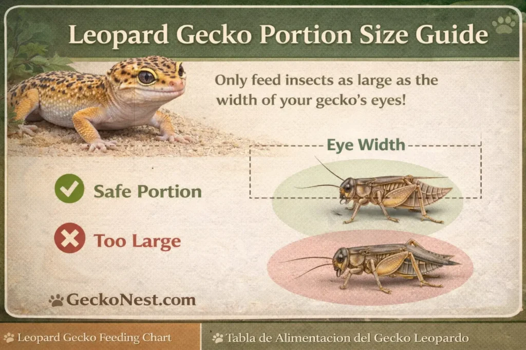 leopard gecko portion size guide showing insect size compared to gecko eye width