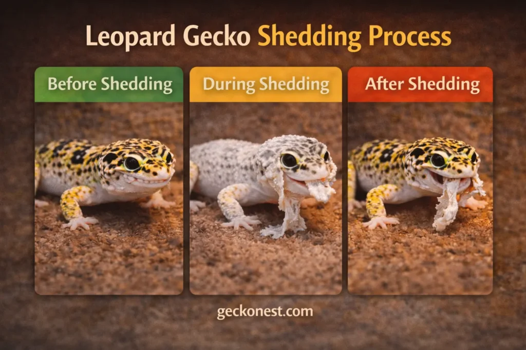 leopard gecko shedding process showing before shedding during shedding and after shedding stages