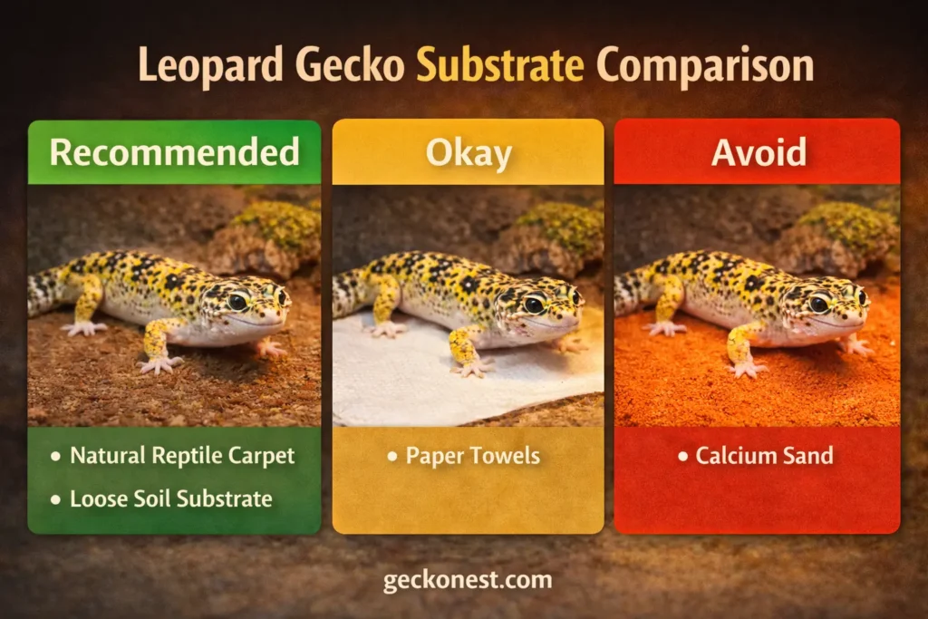 leopard gecko substrate comparison showing recommended substrate paper towels and calcium sand to avoid
