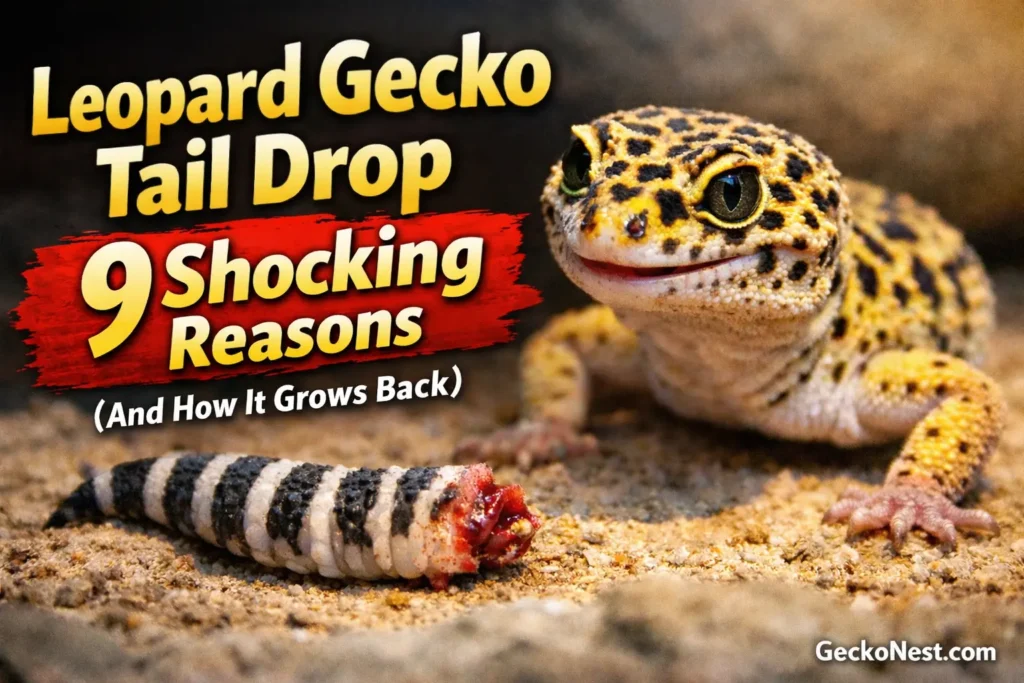leopard gecko tail drop example showing detached tail and gecko in terrarium