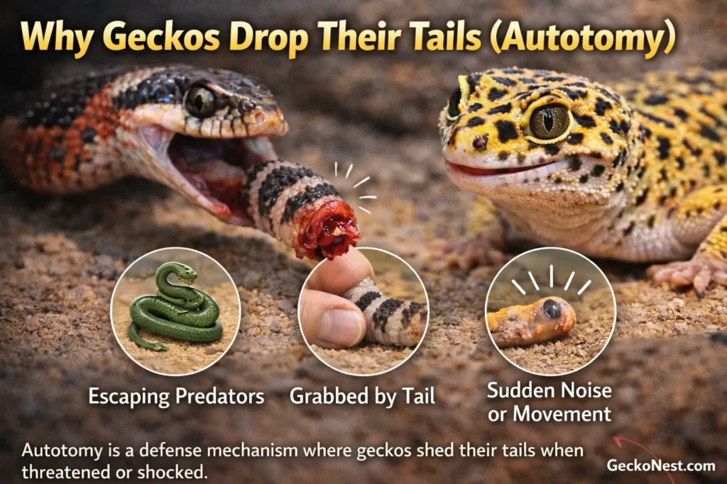 leopard gecko tail drop autotomy defense mechanism showing reasons like predator attack stress and tail grabbing