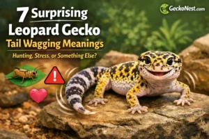 leopard gecko tail wagging meaning hero image with gecko on rock and geckonest.com