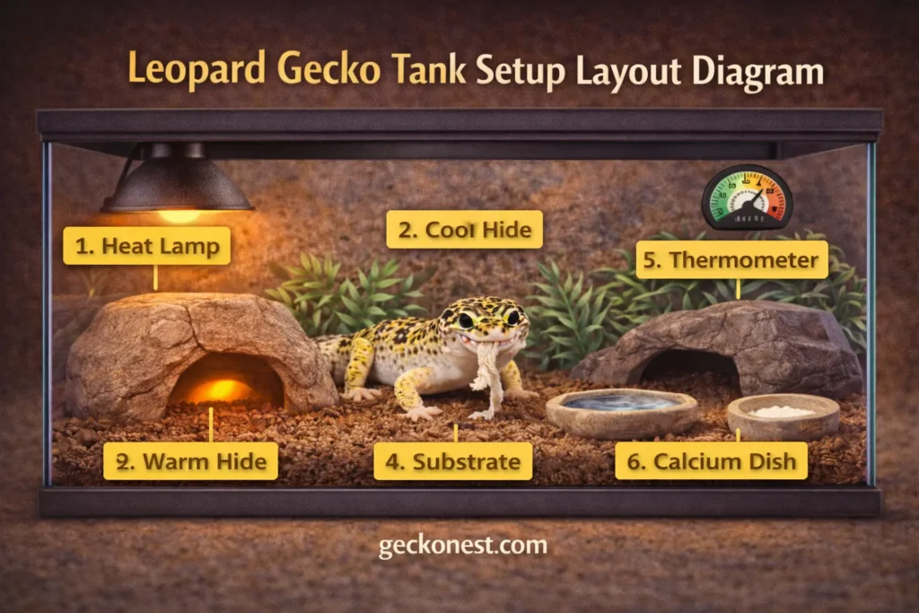 leopard gecko tank setup layout showing heat lamp warm hide cool hide substrate water dish and thermometer
