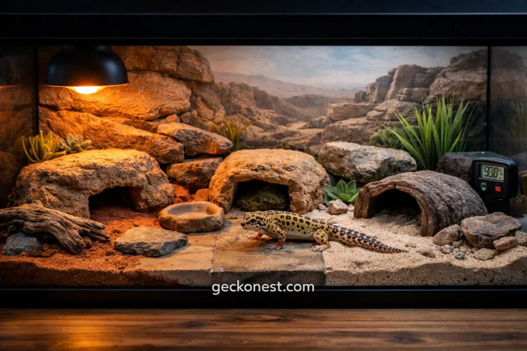 leopard gecko terrarium setup showing warm side cool side hides and natural desert enclosure