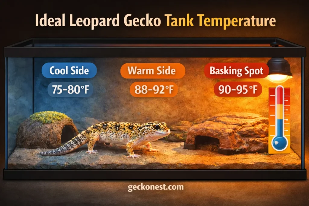 leopard gecko tank temperature gradient showing cool side warm side and basking spot
