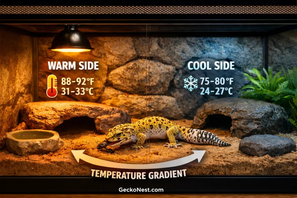 leopard gecko tank temperature gradient showing warm side and cool side inside terrarium
