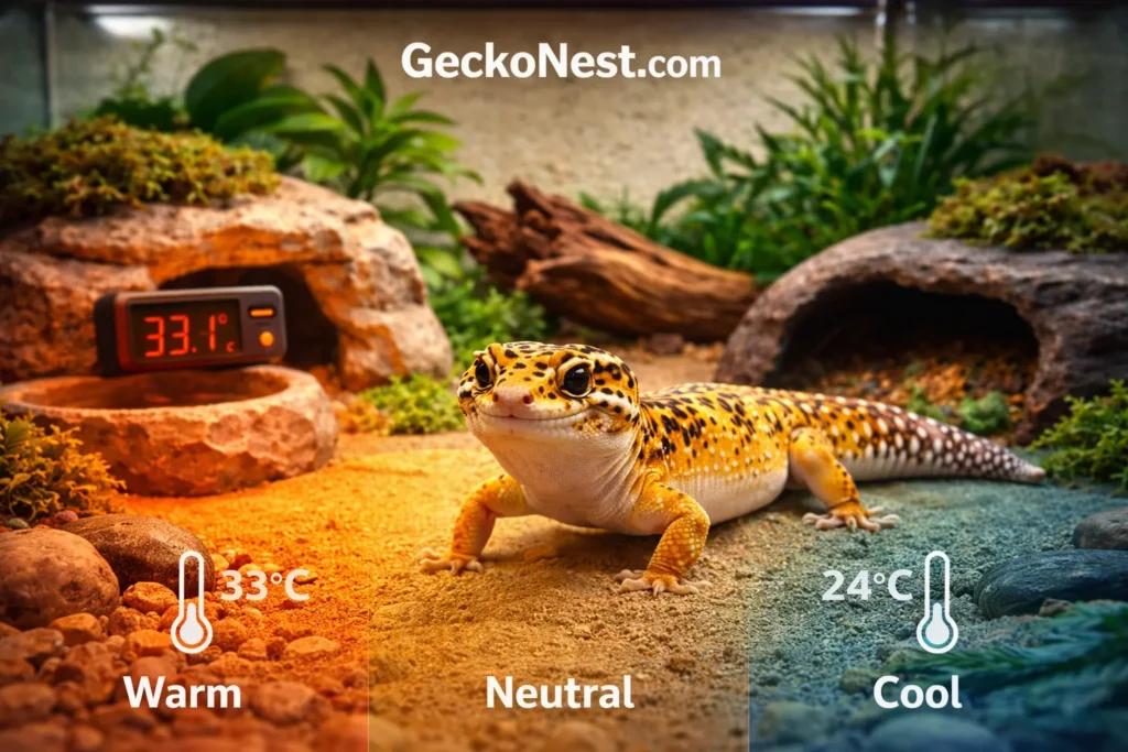 leopard gecko terrarium temperature gradient showing warm and cool sides inside enclosure