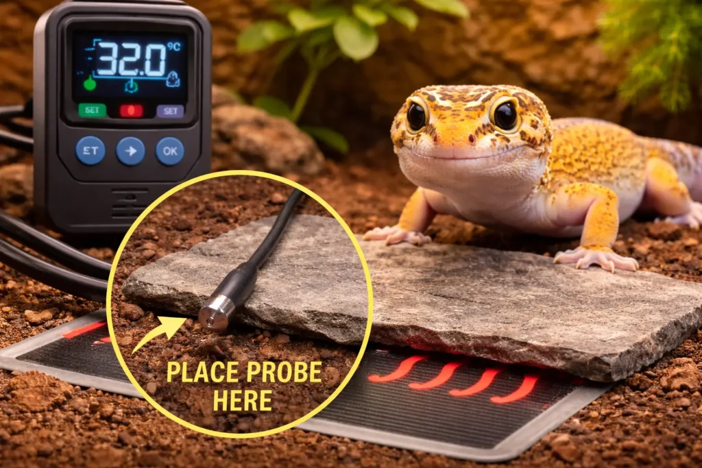 leopard gecko thermostat probe placement under tile above heat mat inside terrarium