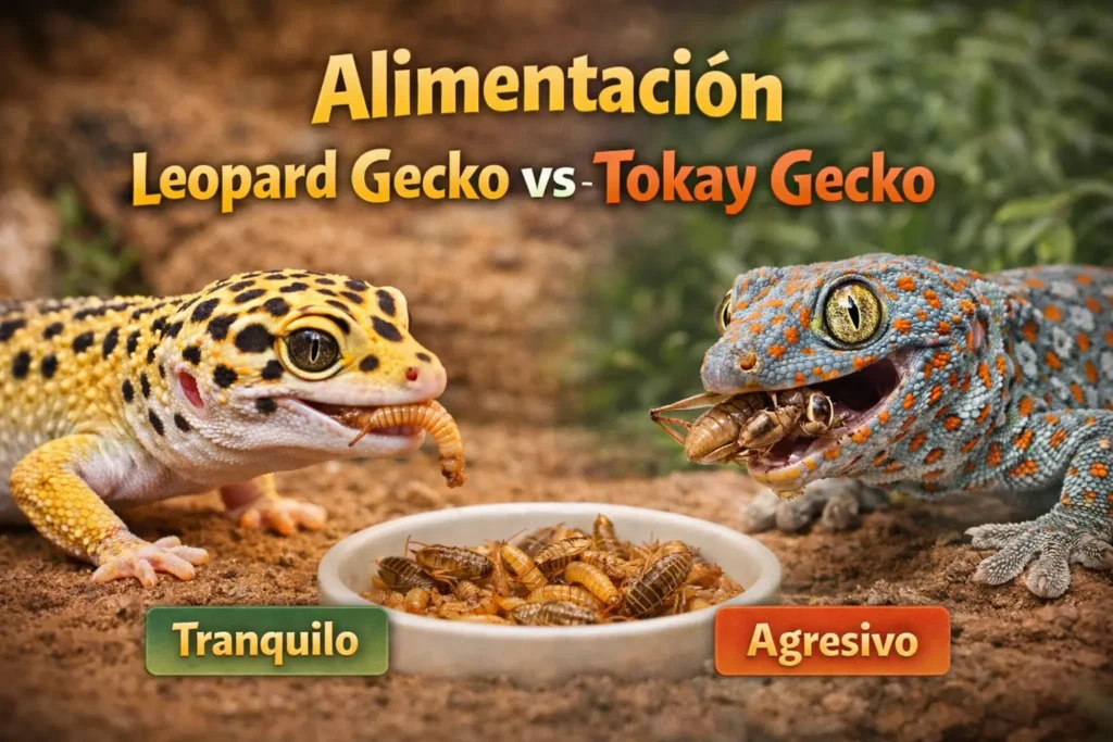 leopard gecko vs tokay gecko feeding comparison showing calm leopard gecko eating mealworms and aggressive tokay gecko hunting insects with geckonest.com/es branding