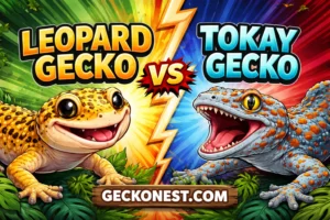 leopard gecko vs tokay gecko comparison friendly vs aggressive gecko illustration