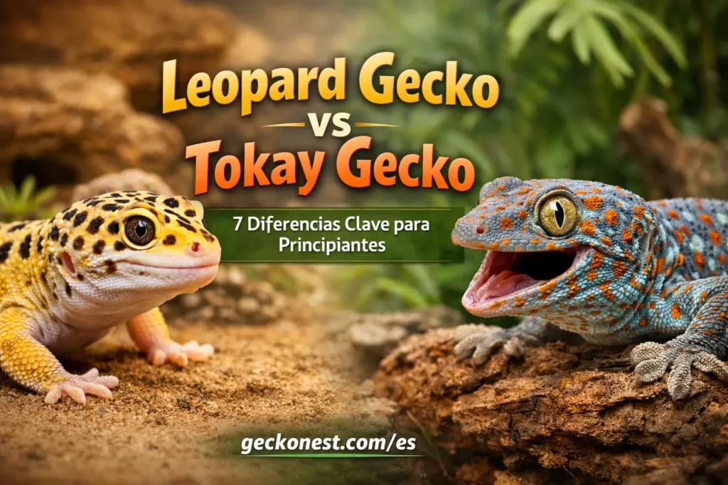 leopard gecko vs tokay gecko comparison image showing beginner friendly leopard gecko and aggressive tokay gecko with geckonest.com/es branding