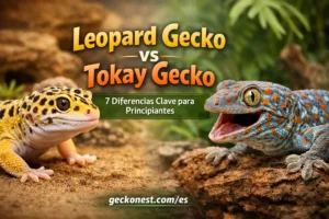 leopard gecko vs tokay gecko comparison image showing beginner friendly leopard gecko and aggressive tokay gecko with geckonest.com/es branding