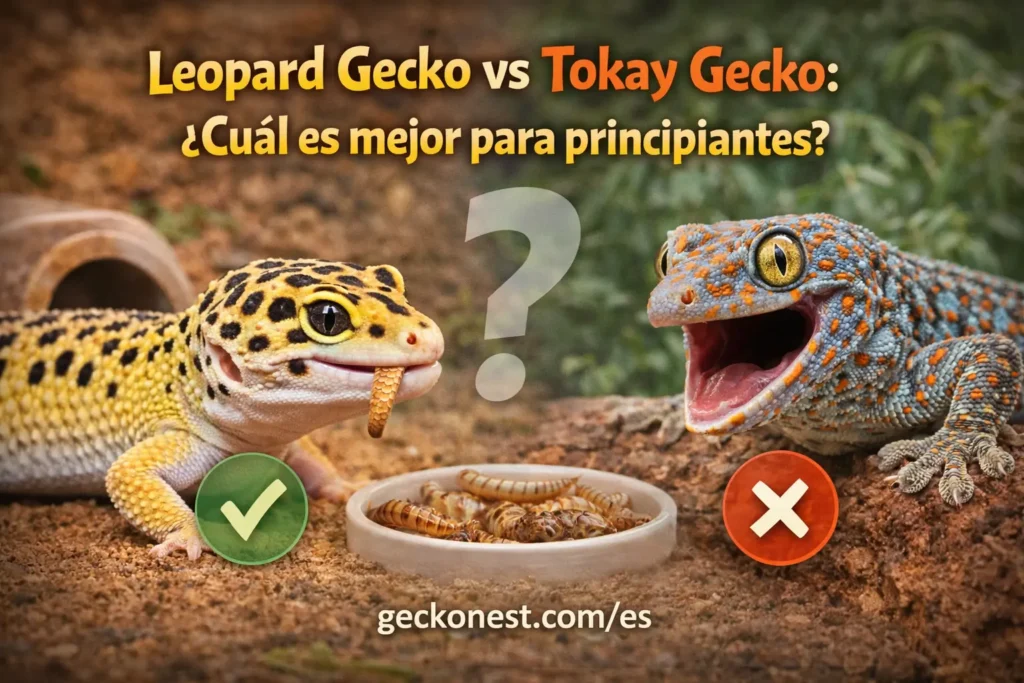 leopard gecko vs tokay gecko beginner comparison showing easy friendly leopard gecko and aggressive tokay gecko with geckonest.com/es branding