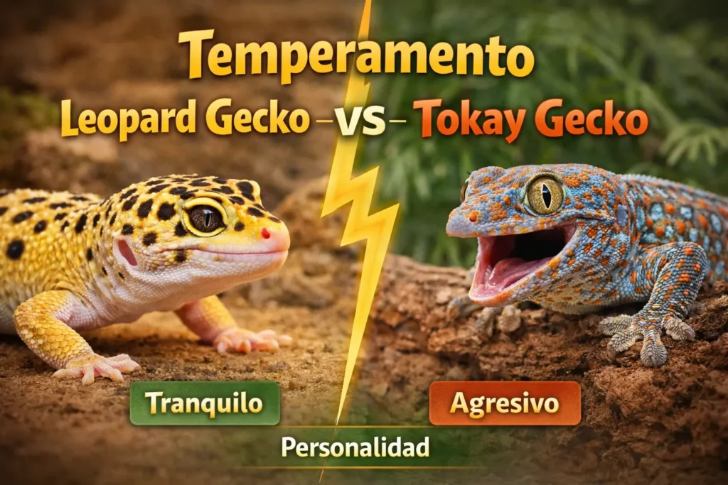 leopard gecko vs tokay gecko temperament comparison showing calm leopard gecko and aggressive tokay gecko with geckonest.com/es branding