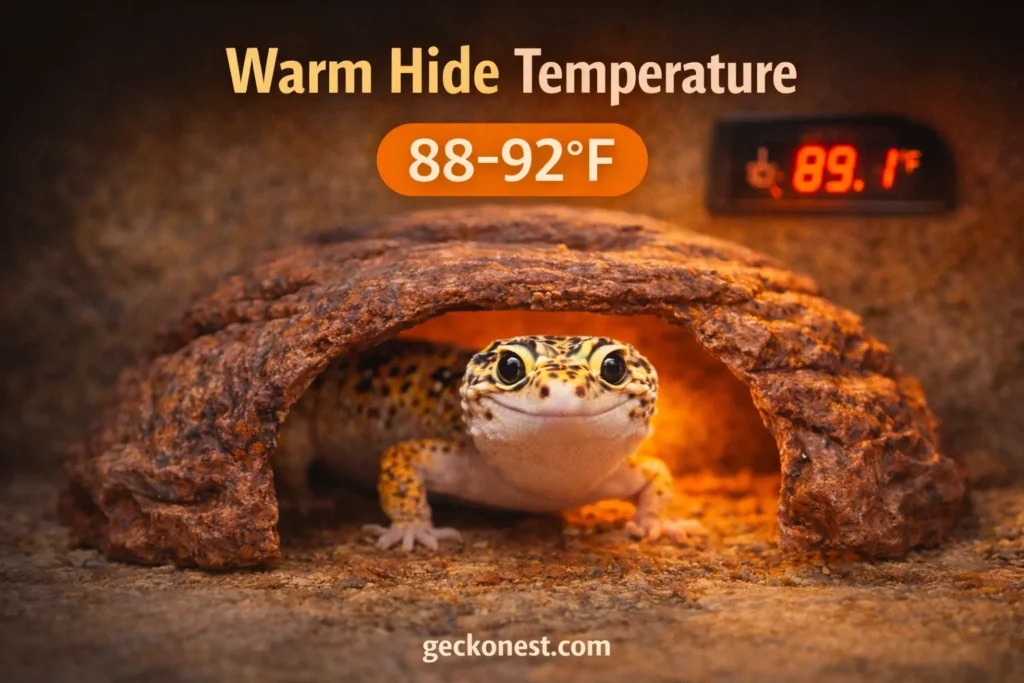 
leopard gecko warm hide temperature between 88 and 92 degrees in a terrarium
