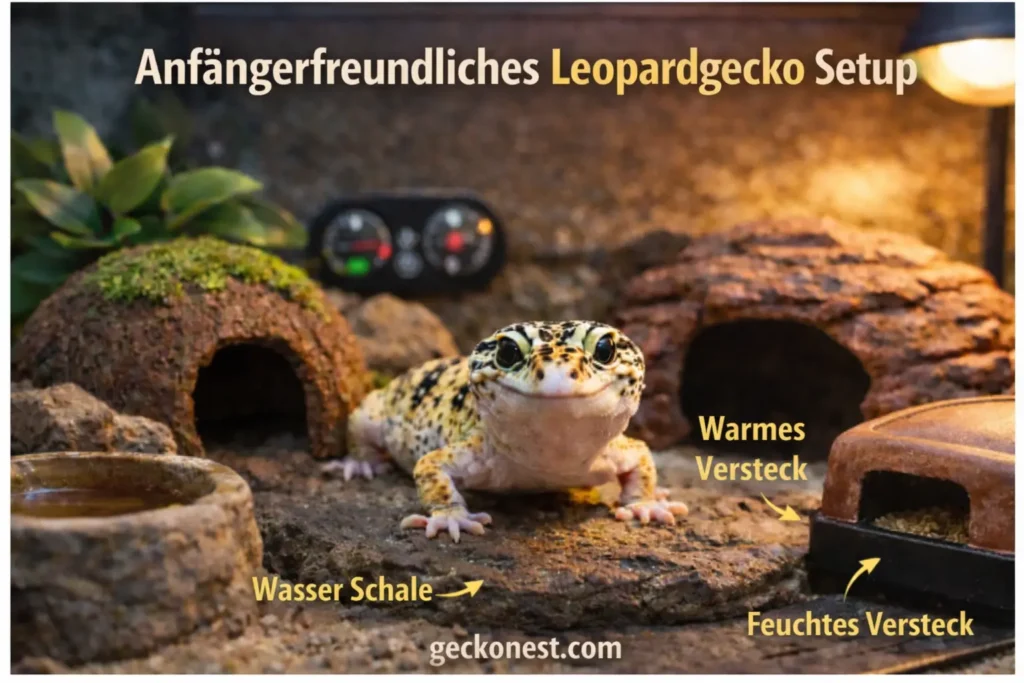 Anfängerfreundliches Leopardgecko Terrarium Setup mit warmem Versteck, feuchtem Versteck und Wasserschale