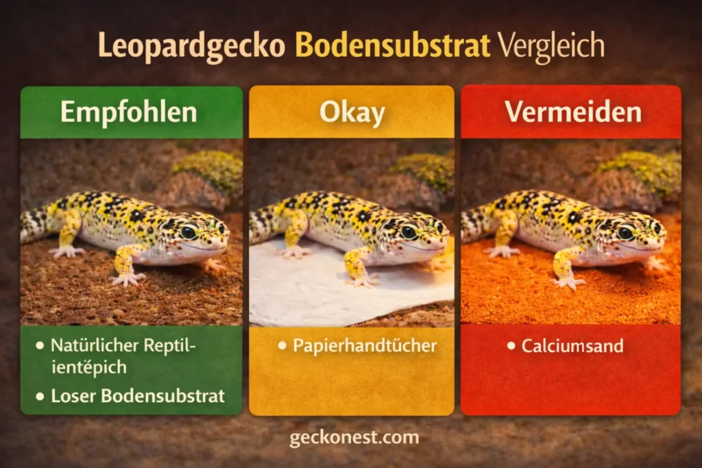 Leopardgecko Bodensubstrat Vergleich mit empfohlenem Substrat, Papierhandtüchern und zu vermeidendem Calciumsand
