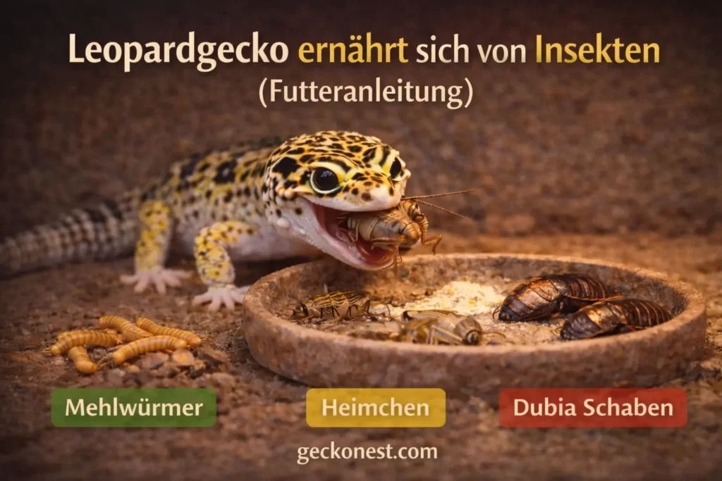 Leopardgecko frisst Insekten im Terrarium mit Mehlwürmern, Heimchen und Dubia Schaben als Futter – ein wichtiger Teil der Leopardgecko Pflege für Anfänger.