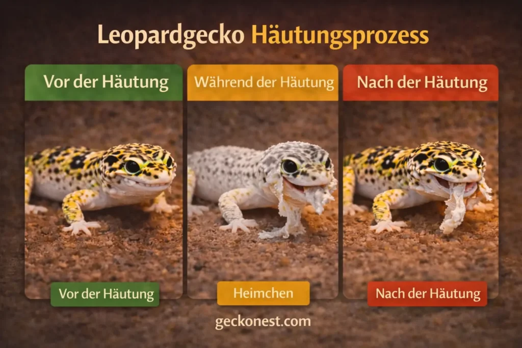 Leopardgecko Häutungsprozess – Vor der Häutung, während der Häutung und nach der Häutung im Terrarium