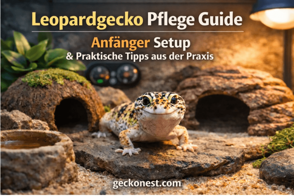 Leopardgecko Terrarium Setup für Anfänger mit Verstecken, Wärmelampe und natürlichem Substrat – Leopardgecko Pflege Guide